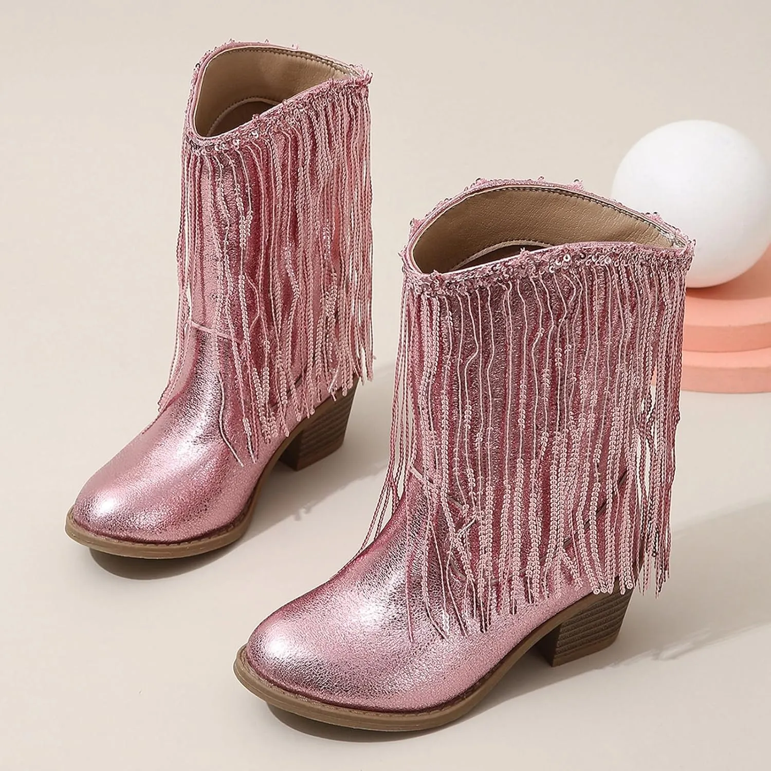 Girls Fringe 𝗥hinestone Tassel Cowboy Boots Western Cow-Girl Pointed Toe Block High Heel Zipper Knee High Boots