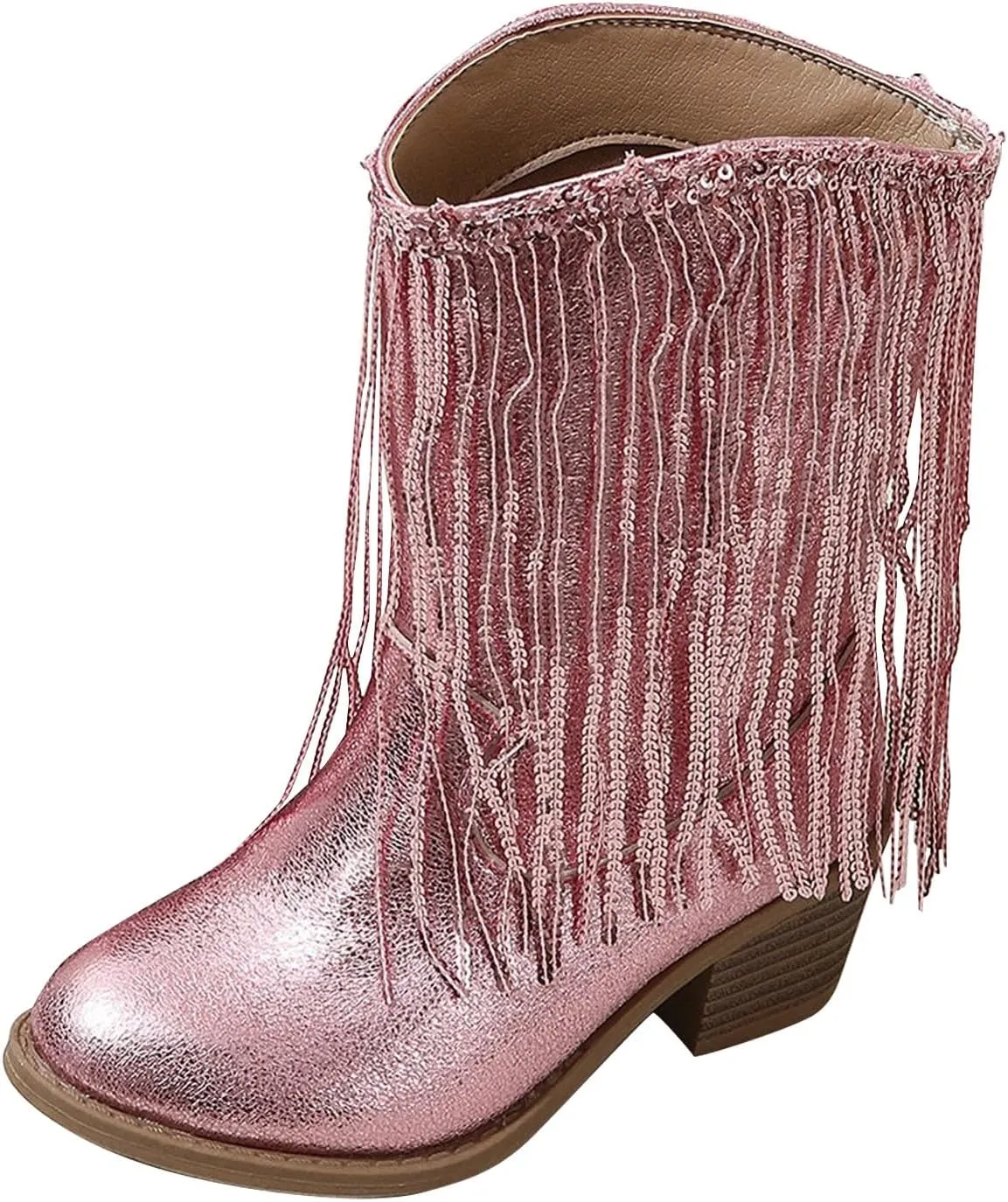 Girls Fringe 𝗥hinestone Tassel Cowboy Boots Western Cow-Girl Pointed Toe Block High Heel Zipper Knee High Boots