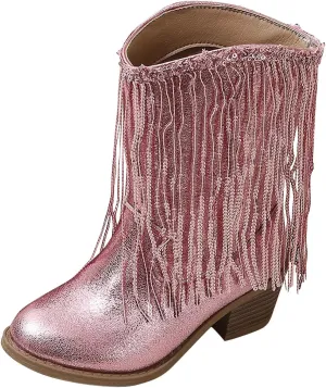 Girls Fringe 𝗥hinestone Tassel Cowboy Boots Western Cow-Girl Pointed Toe Block High Heel Zipper Knee High Boots