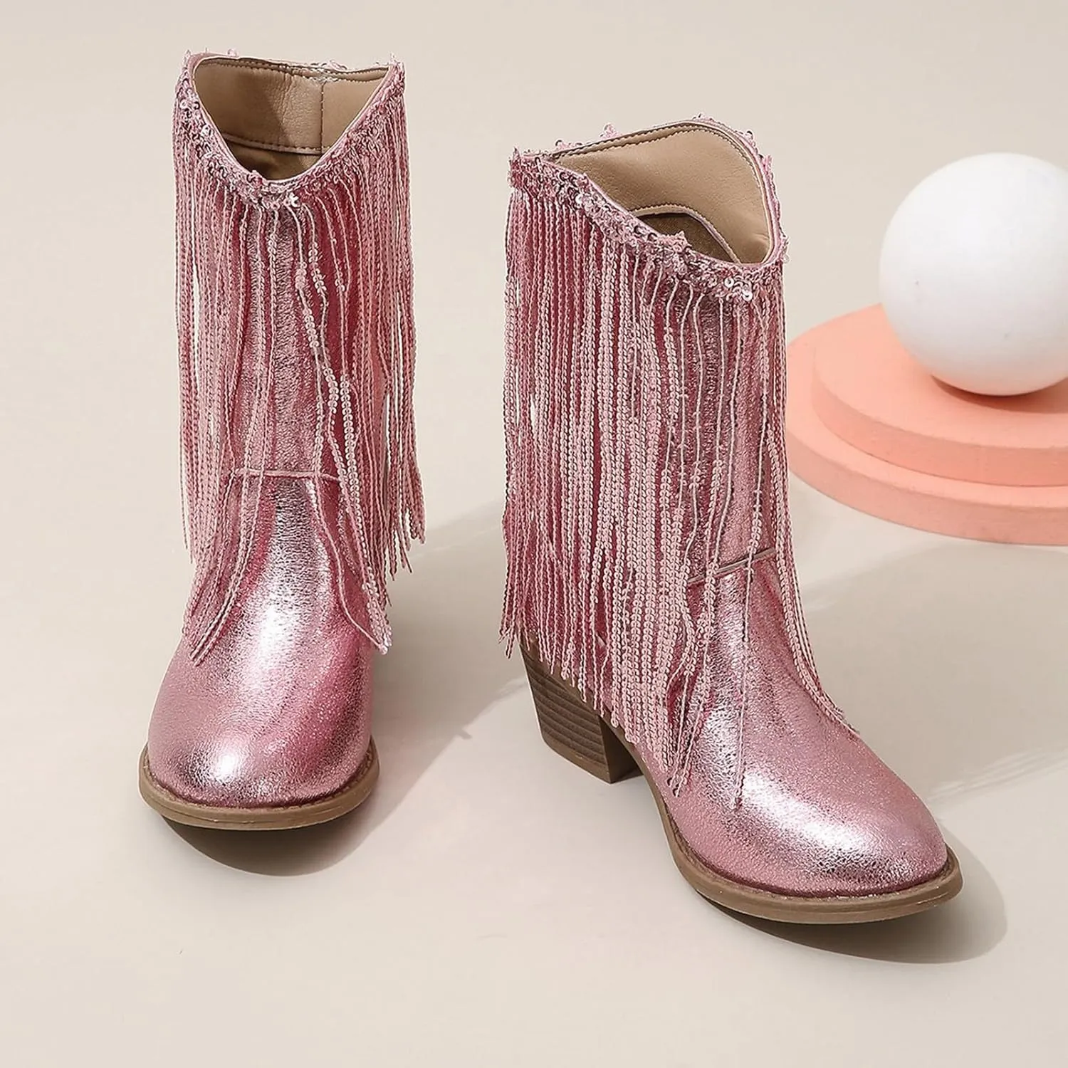 Girls Fringe 𝗥hinestone Tassel Cowboy Boots Western Cow-Girl Pointed Toe Block High Heel Zipper Knee High Boots