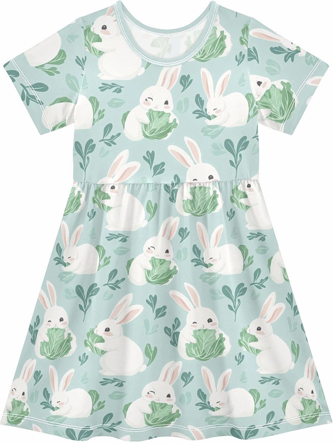 Girls' Short-Sleeve Dress Cute Animal Bunny Cabbage Summer A-Line Swing Cute Sundress 2T-8T