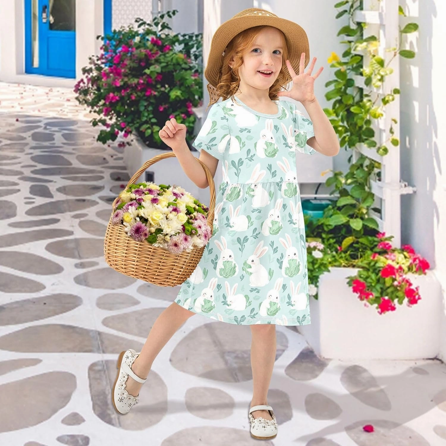 Girls' Short-Sleeve Dress Cute Animal Bunny Cabbage Summer A-Line Swing Cute Sundress 2T-8T