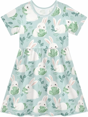 Girls' Short-Sleeve Dress Cute Animal Bunny Cabbage Summer A-Line Swing Cute Sundress 2T-8T