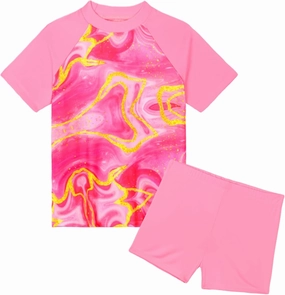 Girls Swimsuit Colorful Short Sleeve Bathing Suits UPF 50  Rash Guard Set Two Piece Summer Swimwear