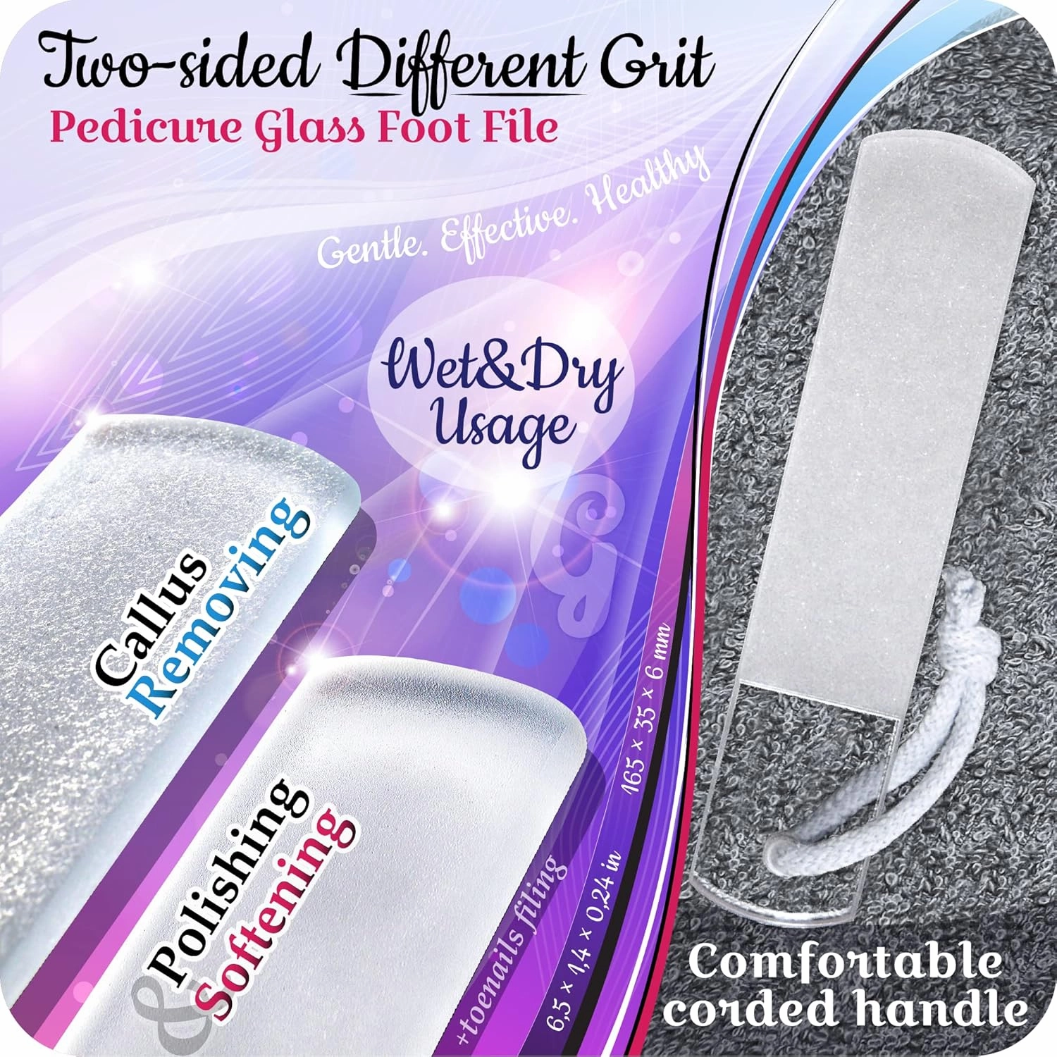 GLADZY Genuine Czech Glass Nail File Set - Callus Remover Foot Rasp, Cuticle Pusher Manicure Stick, Double Sided Etched Different Grit Surface, Professional Nail Care Tool, Made in EU