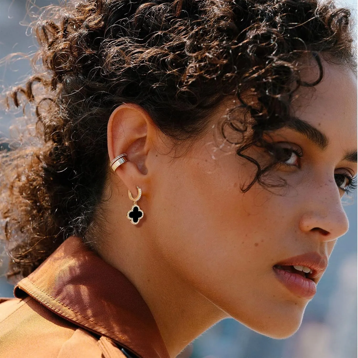 Gold Dangle Earrings, 14K Gold Plated Small Huggie Hoop Earrings with Clover Charms, Dainty Drop Dangle Earrings for Women