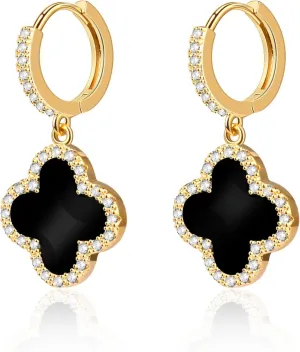 Gold Dangle Earrings, 14K Gold Plated Small Huggie Hoop Earrings with Clover Charms, Dainty Drop Dangle Earrings for Women