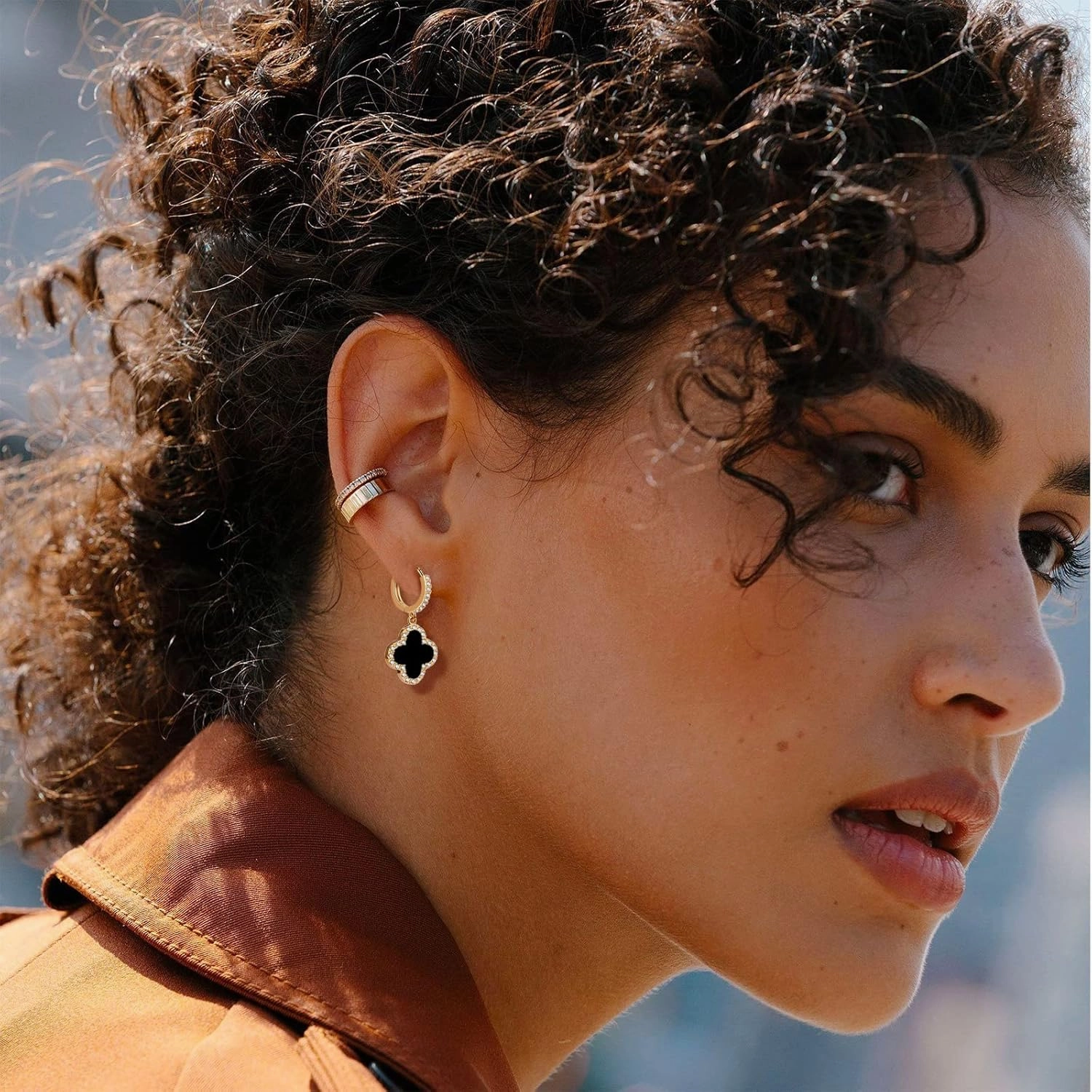 Gold Dangle Earrings, 14K Gold Plated Small Huggie Hoop Earrings with Clover Charms, Dainty Drop Dangle Earrings for Women