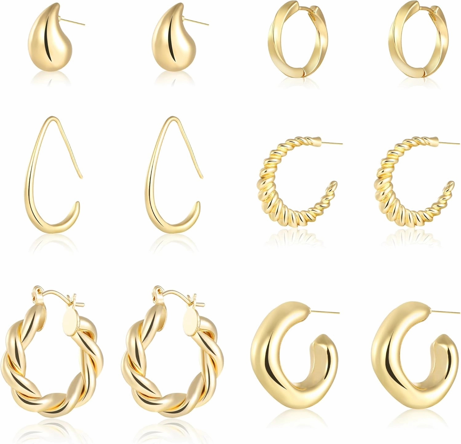 Gold Hoop Earrings for Women, 6 Pairs Hypoallergenic Lightweight Chunky Twisted Hoop Earrings - Trendy Jewelry Gifts