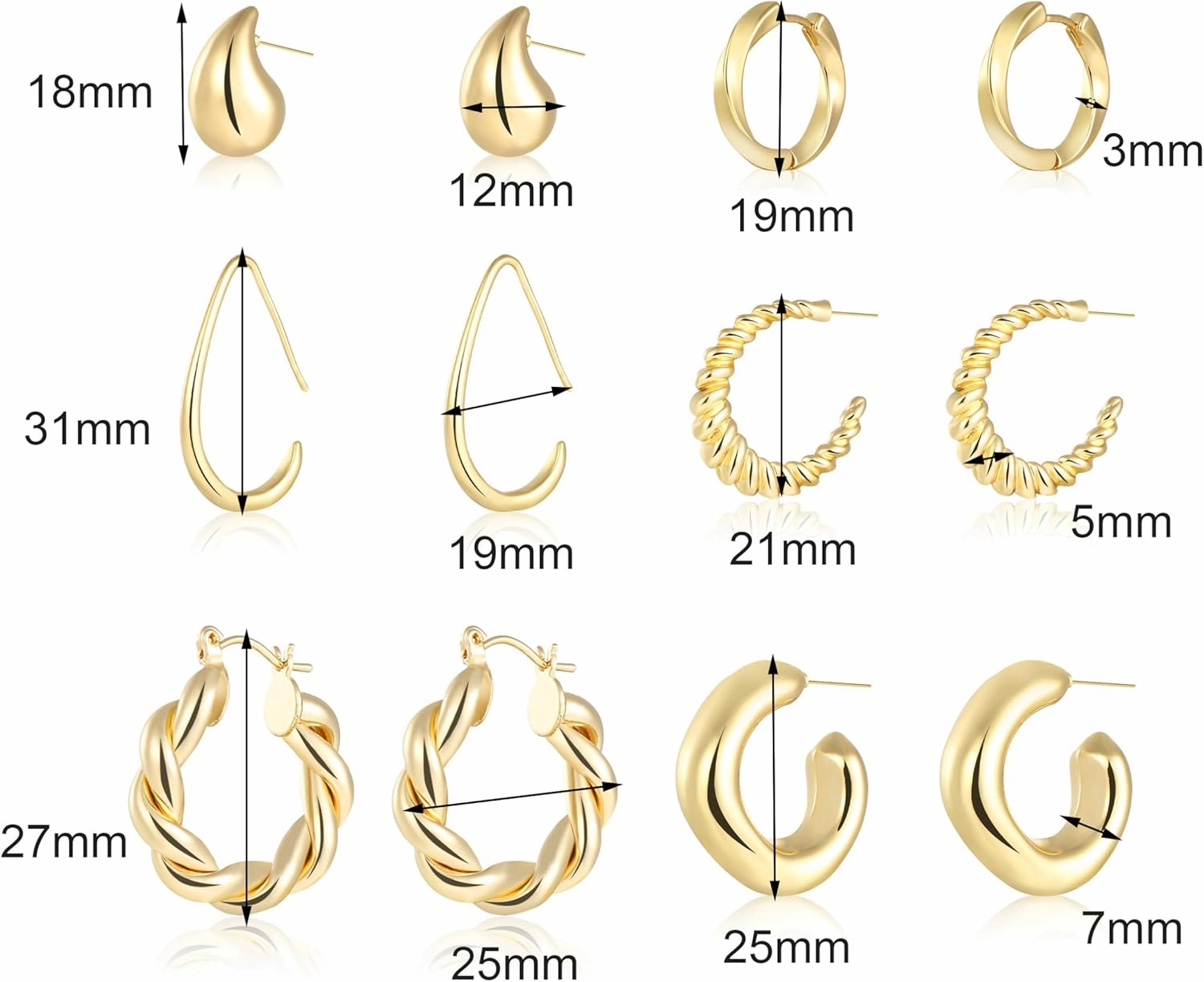 Gold Hoop Earrings for Women, 6 Pairs Hypoallergenic Lightweight Chunky Twisted Hoop Earrings - Trendy Jewelry Gifts
