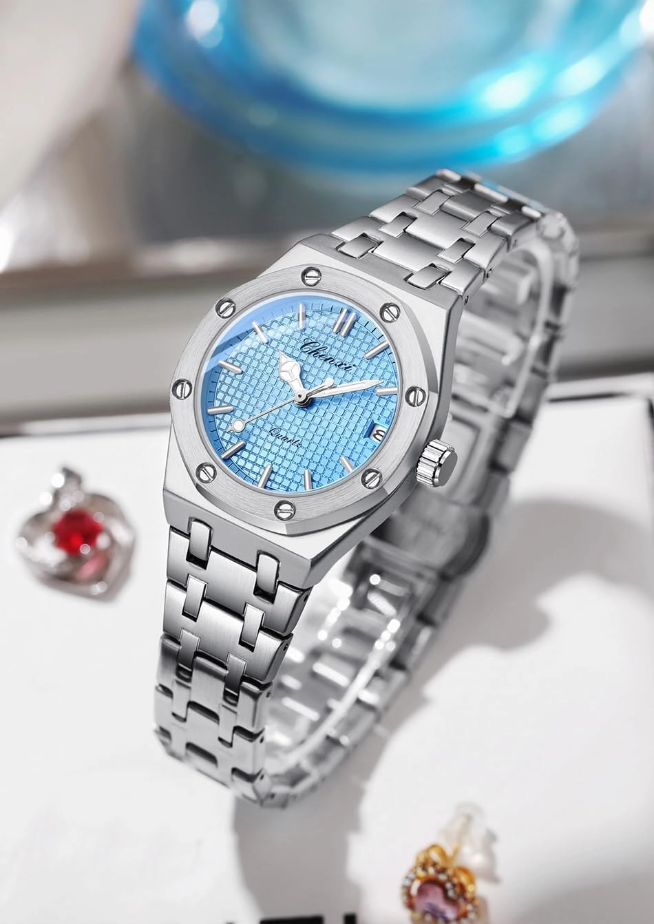 Gosasa Women's Quartz Watch Luxurious Stainless Steel Wristwatch with Luminous Display and Calendar