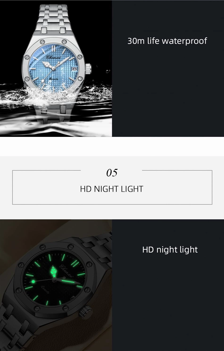 Gosasa Women's Quartz Watch Luxurious Stainless Steel Wristwatch with Luminous Display and Calendar