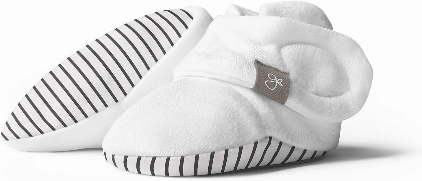 goumikids goumiboots Soft Stay On Booties Keeps Feet Warm Adjusts to Fit as Baby Grows (0-3 Months Hello Baby Brown - Stripe (Gray))