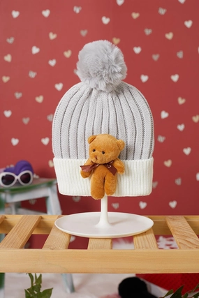 Gray Cute Teddy Bear and Colorful Pompom Children's Beanie 17236