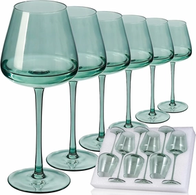Green Wine Glasses Set of 6, Hand Blown Large Colorful Wine Glass 18Oz, Lead-Free Premium Crystal Long Stem Green Wine Glass, Daily Use, Wedding Anniversary or Christmas Gift