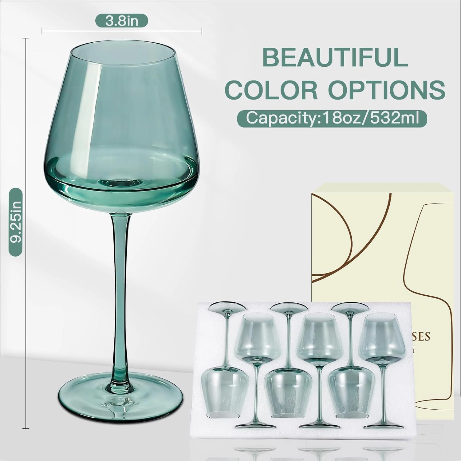 Green Wine Glasses Set of 6, Hand Blown Large Colorful Wine Glass 18Oz, Lead-Free Premium Crystal Long Stem Green Wine Glass, Daily Use, Wedding Anniversary or Christmas Gift