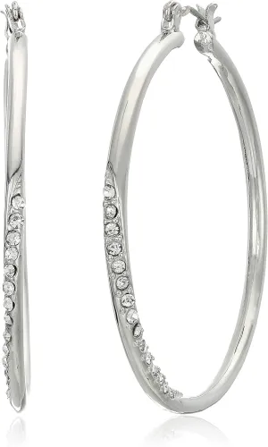 GUESS Silvertone Crystal Glass Stone Front Hoop Earrings