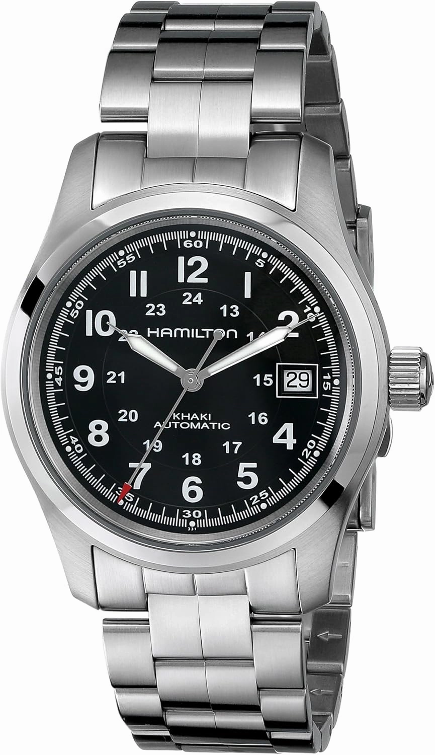 Hamilton Watch Khaki Field Auto | Swiss Made | 38mm Stainless Steel Case | Black Dial Analog Watch | Stainless Steel Bracelet (Model: H70455133)