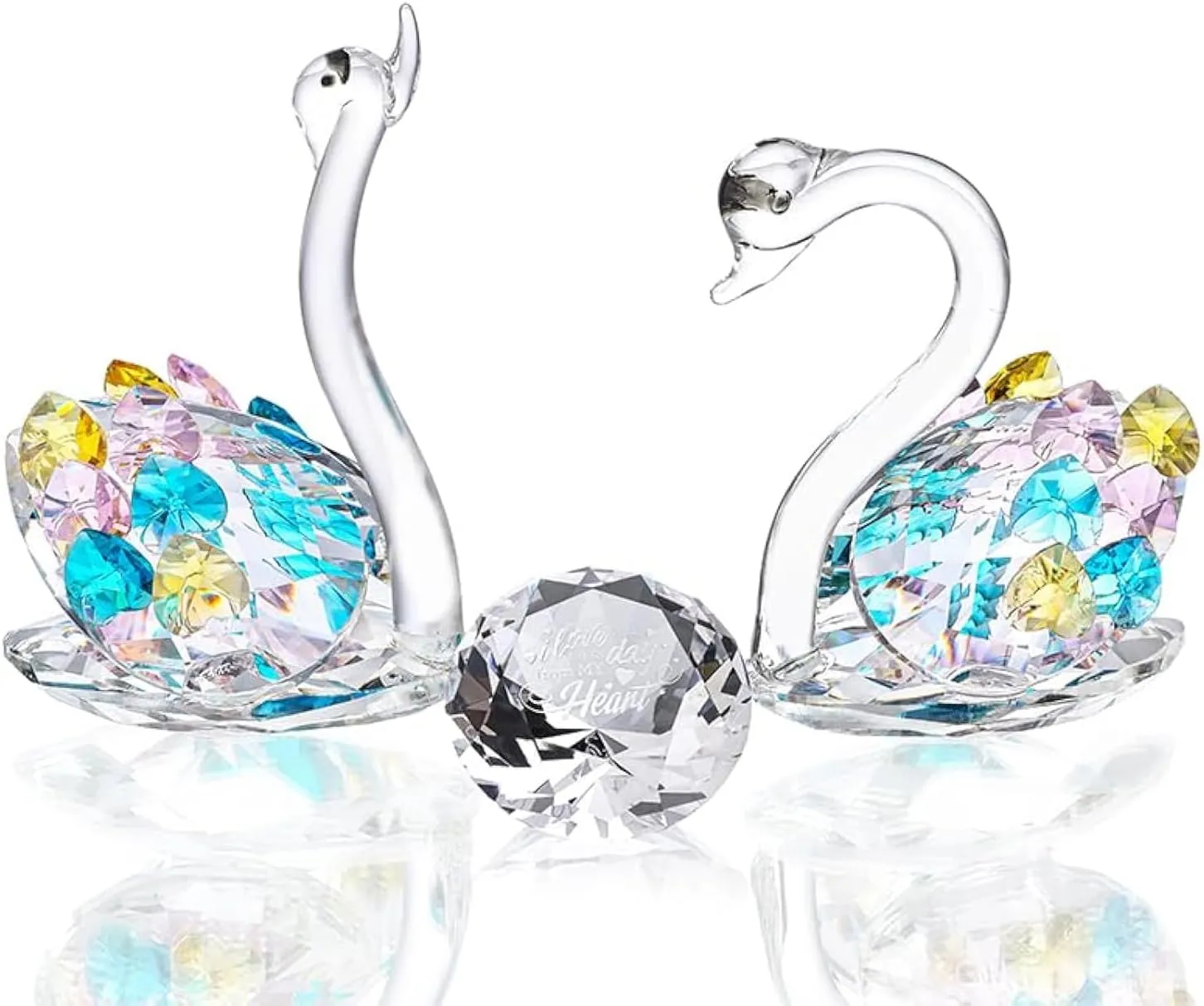 H&D HYALINE & DORA 2pcs Crystal Couple Swan Figurines with 1.9'' Crystal Diamond Paperwight- Colorful Glass Swan Set Table Centerpiece Ornament Wedding Gift