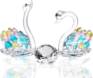 H&D HYALINE & DORA 2pcs Crystal Couple Swan Figurines with 1.9'' Crystal Diamond Paperwight- Colorful Glass Swan Set Table Centerpiece Ornament Wedding Gift