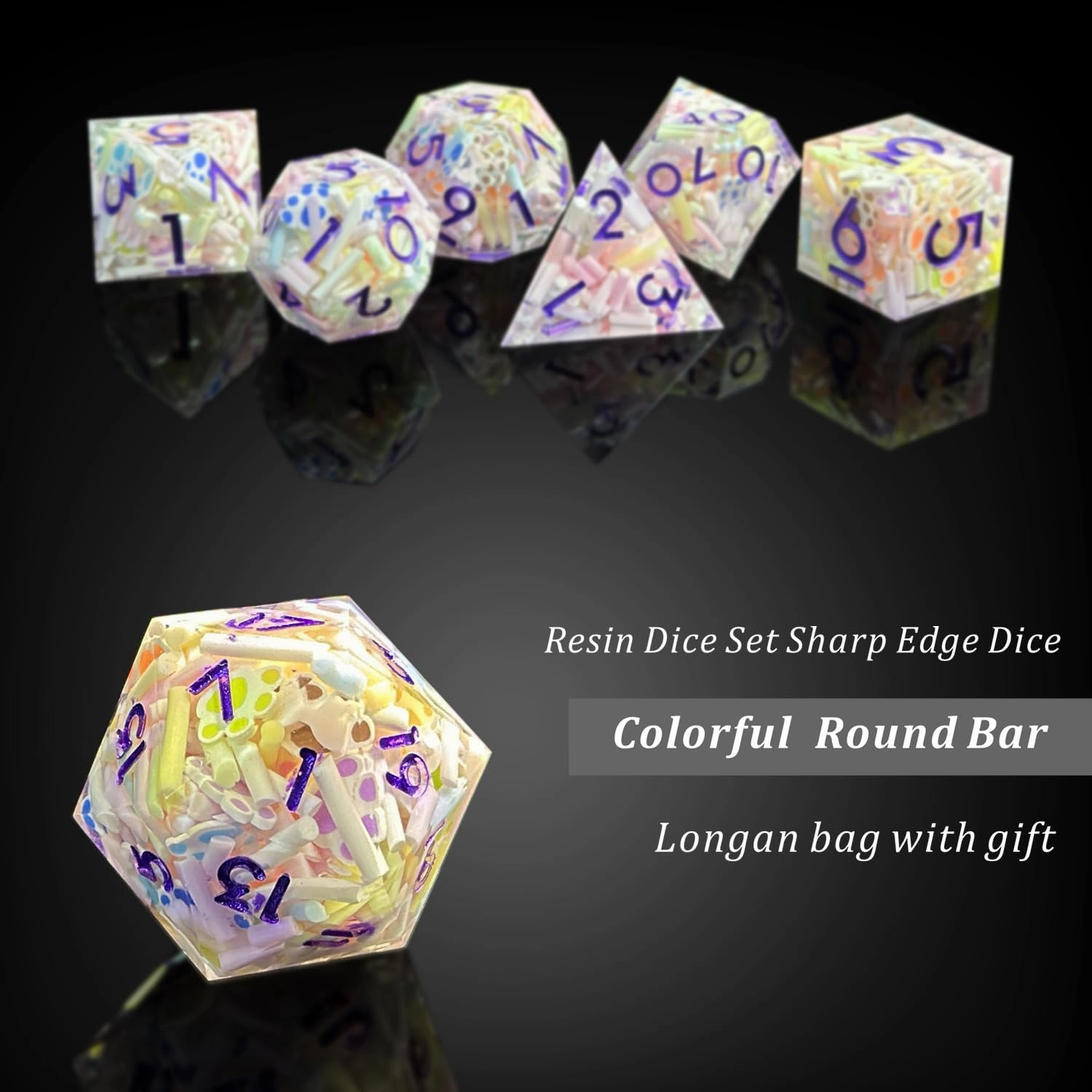HAOMEJA D&D Colorful Round Bar Resin Dice Set DND 7 PCS Sharp Edges Dice with Gift Dragon Eye Bag Apply to Dungeons and Dragons Role Playing Game Gift (Round Bar)