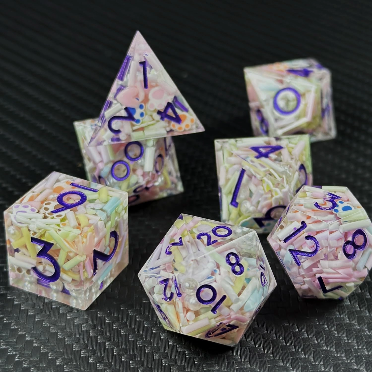 HAOMEJA D&D Colorful Round Bar Resin Dice Set DND 7 PCS Sharp Edges Dice with Gift Dragon Eye Bag Apply to Dungeons and Dragons Role Playing Game Gift (Round Bar)