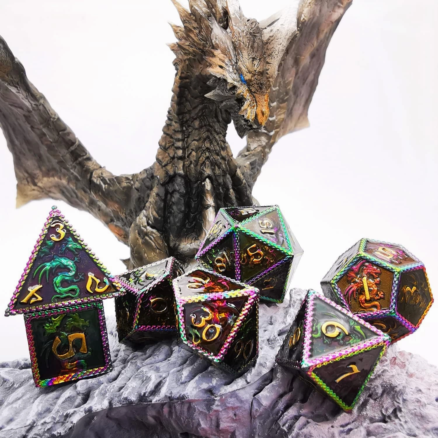 HAOMEJA Metal Dice DND Dragon Set 7 Role Playing Dice D&D Solid Dice Apply to Dungeons and Dragons Colorful Black…