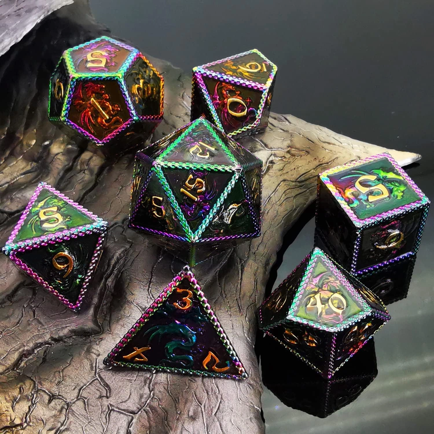 HAOMEJA Metal Dice DND Dragon Set 7 Role Playing Dice D&D Solid Dice Apply to Dungeons and Dragons Colorful Black…