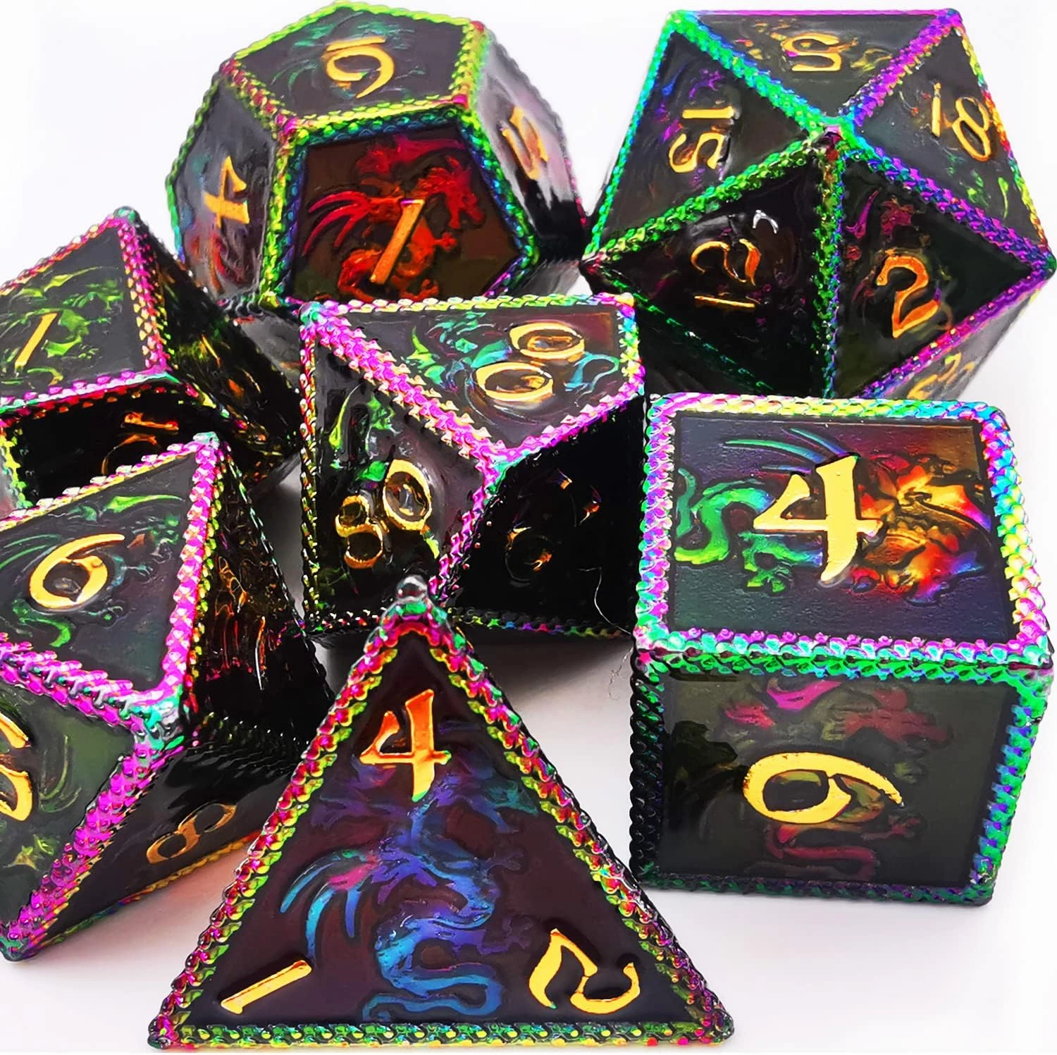 HAOMEJA Metal Dice DND Dragon Set 7 Role Playing Dice D&D Solid Dice Apply to Dungeons and Dragons Colorful Black…