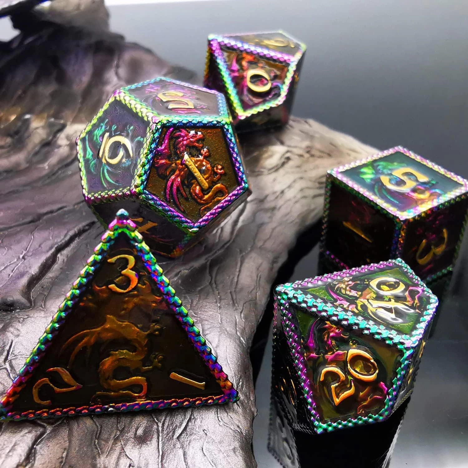 HAOMEJA Metal Dice DND Dragon Set 7 Role Playing Dice D&D Solid Dice Apply to Dungeons and Dragons Colorful Black…