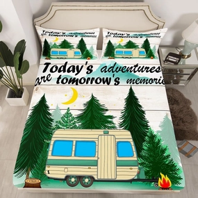 Happy Camping Bedding Set Twin Size Cartoon Camper Van Fitted Sheet 2pcs for Teens Girls Women Men Room Decor Rustic Farmhouse Wood Bed Sheet Watercolor Pine Tree Deep Pocket Sheet,1 Pillowcase