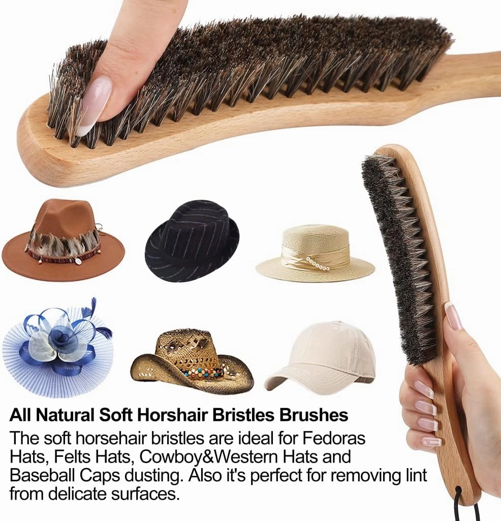 Hat Brush Combo Kit - Horsehair Felt Hat Brush Clean Cowboy Hat, Fedora Hat & Baseball Cap, Boar Bristle Lint Brush Remove Pet Hair Dust for Suits, Suede, Clothes & Furniture, Beech Handle - 2 Pack