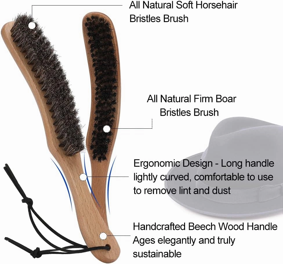 Hat Brush Combo Kit - Horsehair Felt Hat Brush Clean Cowboy Hat, Fedora Hat & Baseball Cap, Boar Bristle Lint Brush Remove Pet Hair Dust for Suits, Suede, Clothes & Furniture, Beech Handle - 2 Pack