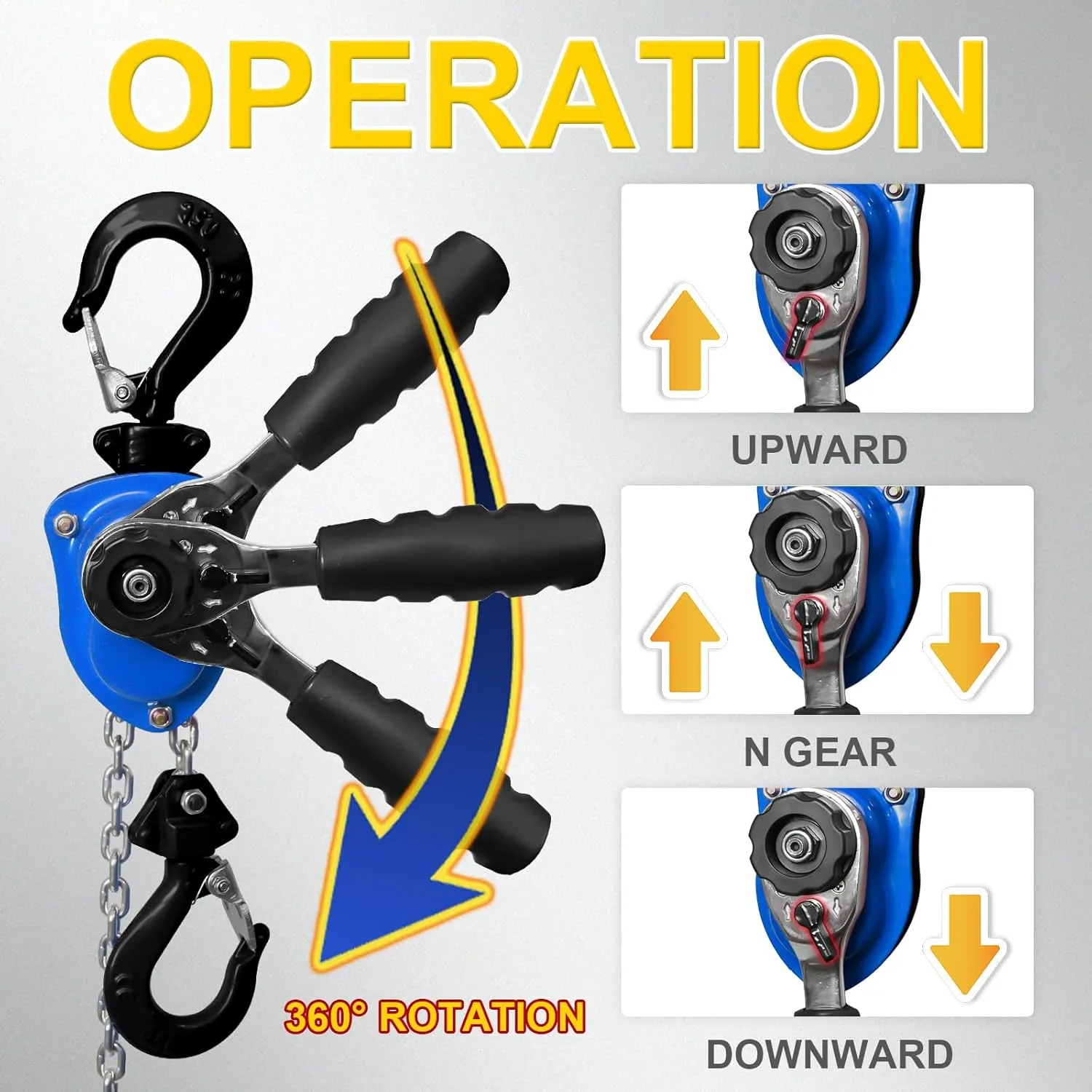 Heavy-Duty Manual Lever Chain Hoist Come Along 1/2 Ton 1100LBS 10FT Lift, Enhanced Pawl Brake Industrial G80 Alloy Steel w/ 360° Hooks for Construction Logging Garage Warehouse, Blue