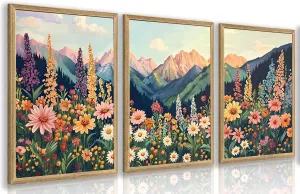 Hianan Mount Daisy Wildflower Landscape Wall Art, Colorful Floral Wall Decor, Boho Sunset Landscape Canvas Painting, Bright Botanical Poster Prints for Living Room Bedroom Wood Framed 12"x16"x3