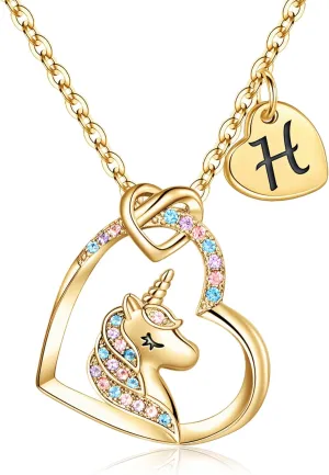 Hidepoo Unicorn Necklace Gifts for Girls Dauther - Colorful CZ Heart Pendant Initial Unicorn Necklaces for Girl Teens Little Girls Jewelry Birthday Gift