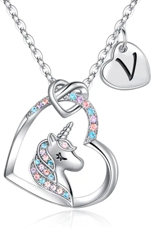 Hidepoo Unicorn Necklace Graduation Gifts for Girls Dauther - Colorful CZ Heart Pendant Initial Unicorn Necklaces for Girl Teens Little Girls Jewelry Birthday Gift