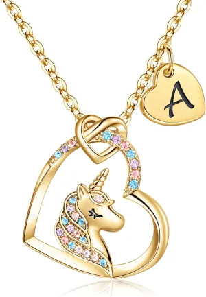 Hidepoo Unicorn Necklace Graduation Gifts for Girls Dauther - Colorful CZ Heart Pendant Initial Unicorn Necklaces for Girl Teens Little Girls Jewelry Birthday Gift