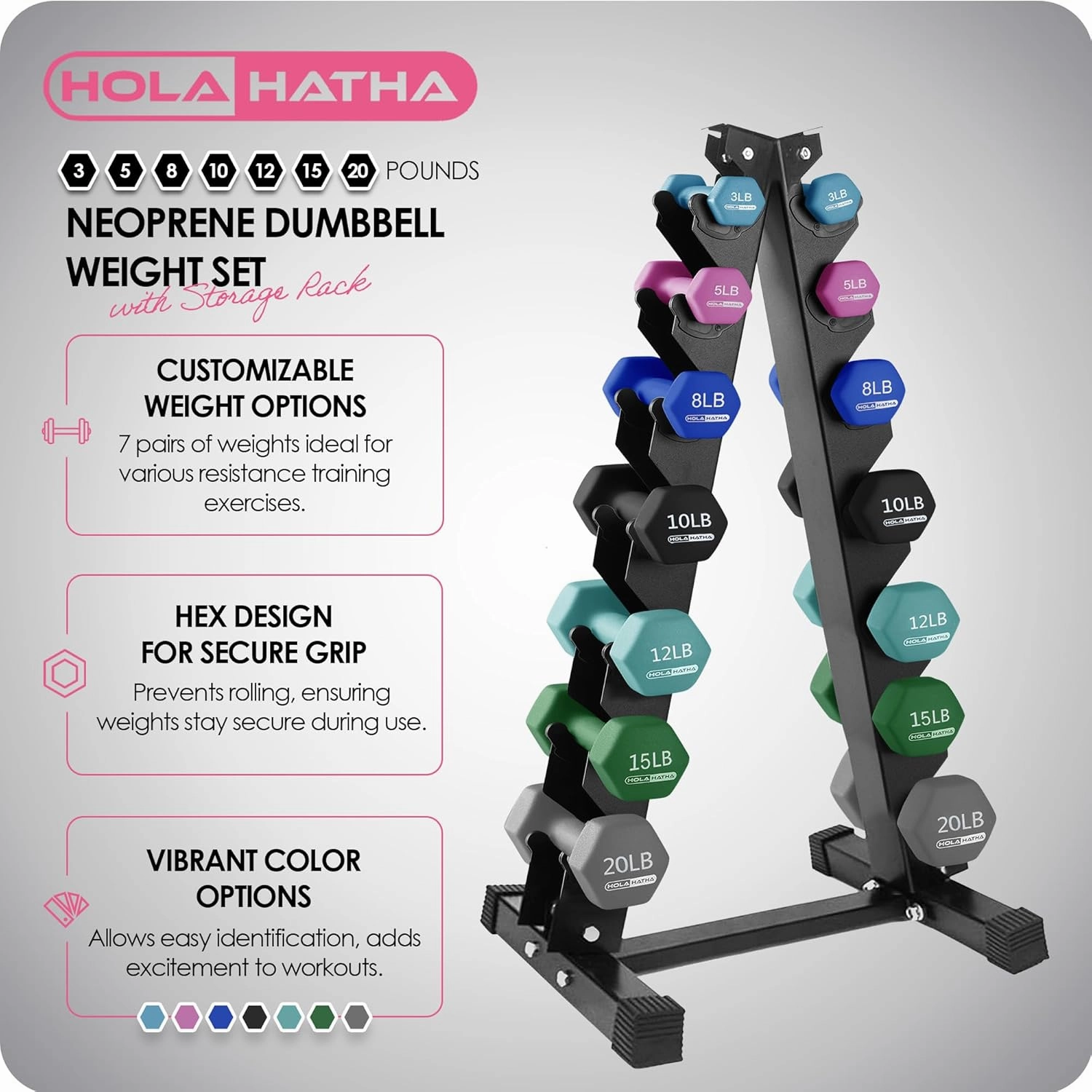 HolaHatha Neoprene Dumbbell Free Hand Weight Set with Rack, Ideal for Home Exercises to Gain Tone and Definition