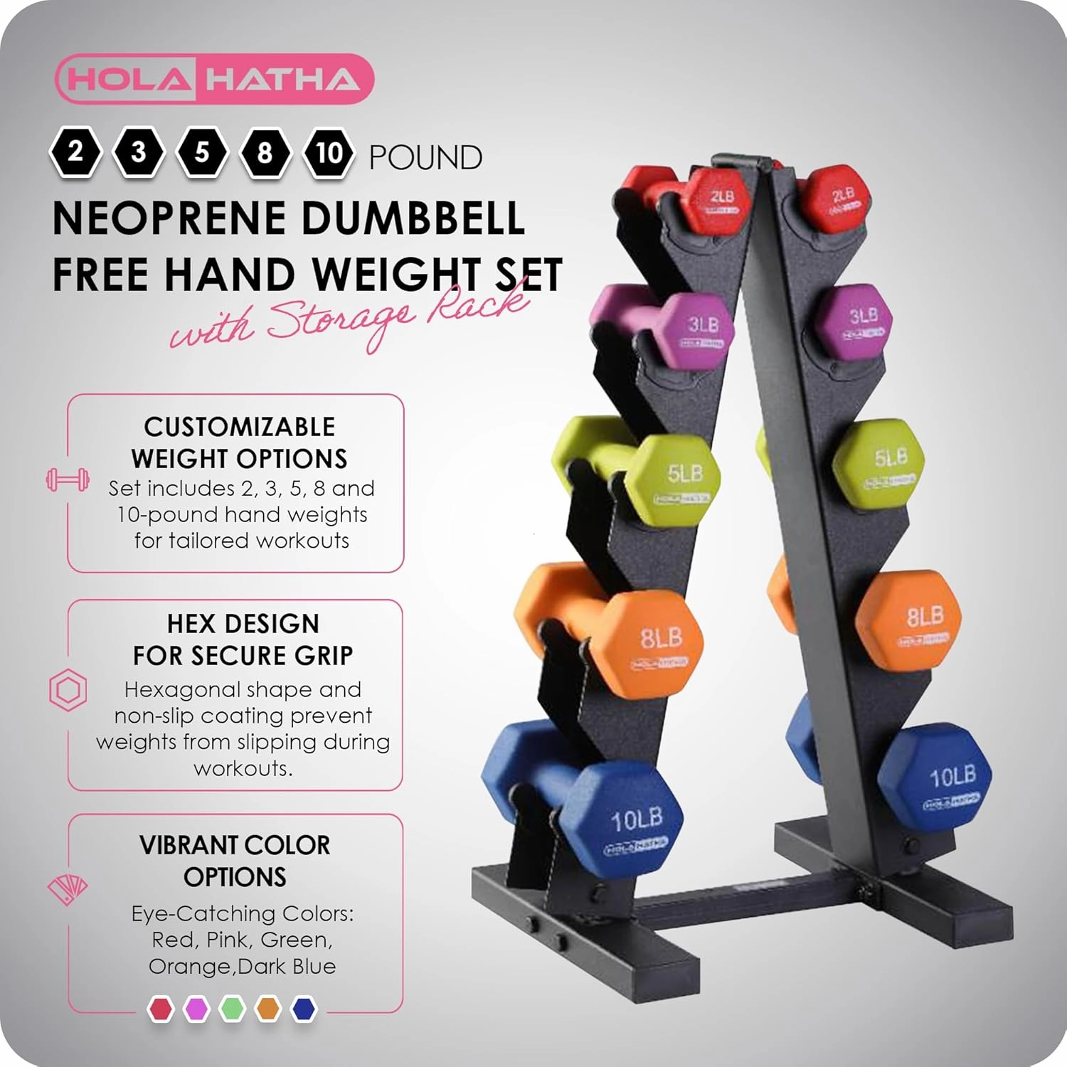 HolaHatha Neoprene Dumbbell Free Hand Weight Set with Rack, Ideal for Home Exercises to Gain Tone and Definition