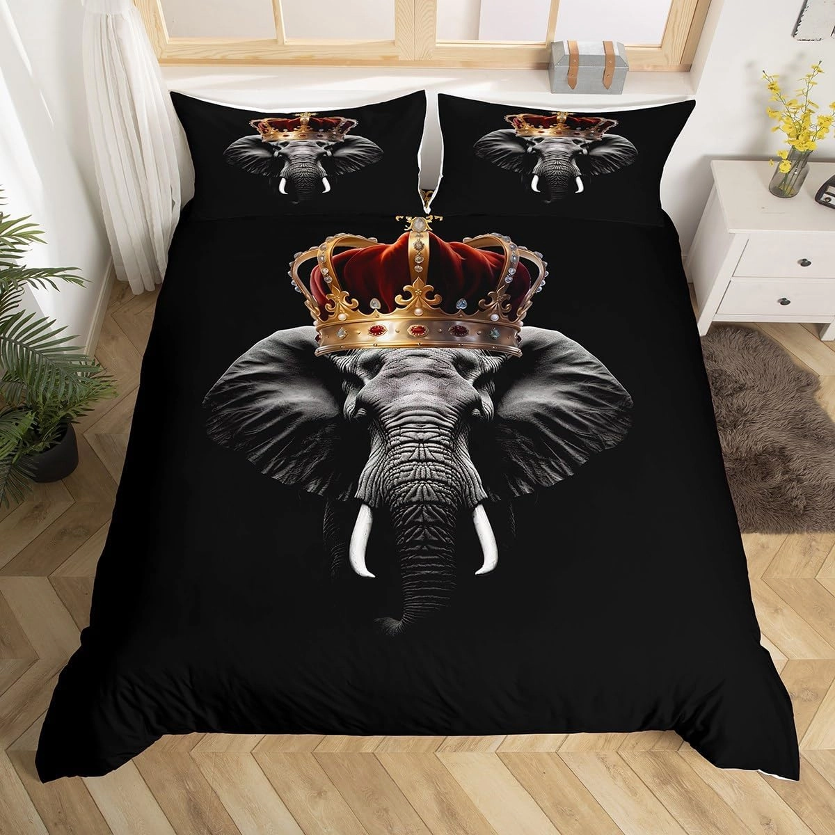 Homewish Wild Elephant Bedding Set Twin Size,Golden Crown Print 3D Wildlife Comforter Cover Set for Kids Girls,African Tropical Animal Print Black Bedding Quilt Cover Set Bedroom Decor, 2 Pcs