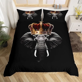 Homewish Wild Elephant Bedding Set Twin Size,Golden Crown Print 3D Wildlife Comforter Cover Set for Kids Girls,African Tropical Animal Print Black Bedding Quilt Cover Set Bedroom Decor, 2 Pcs