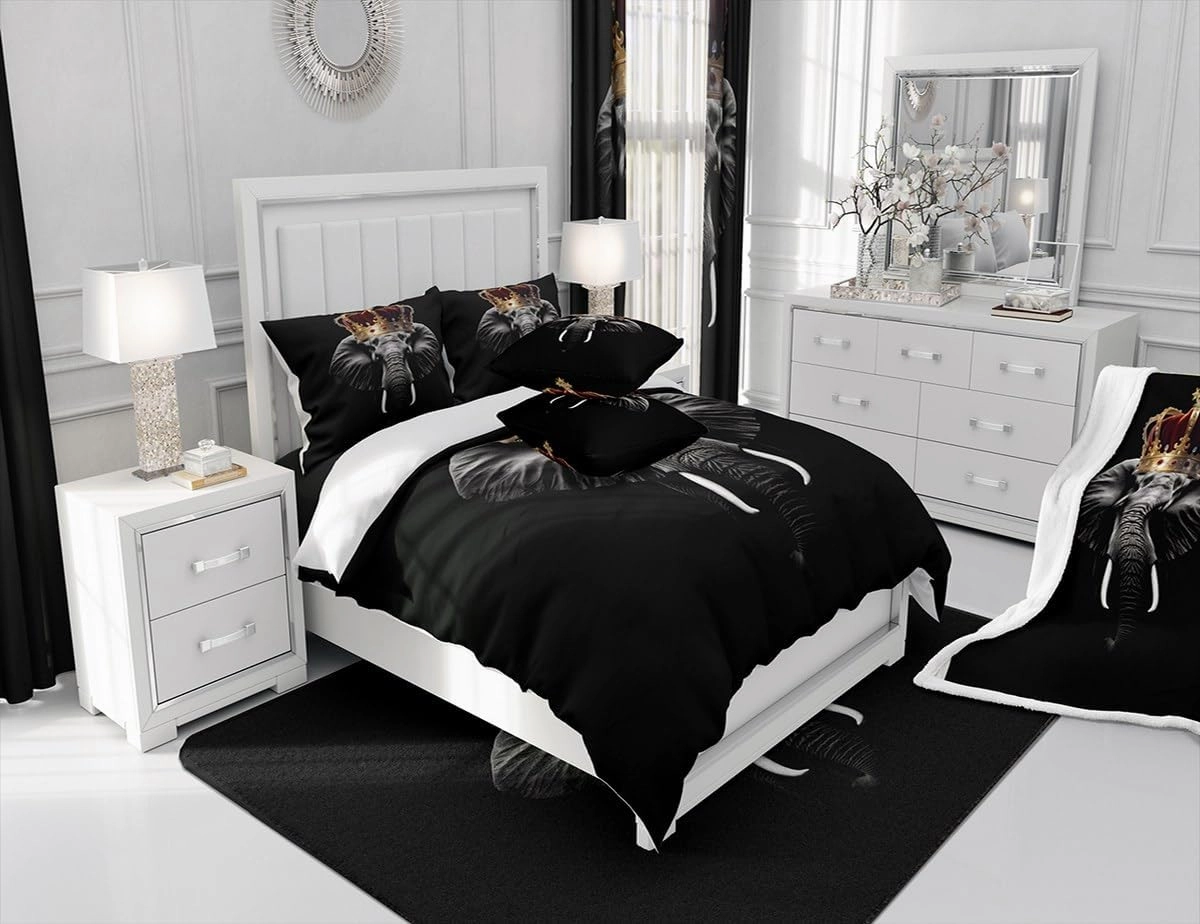 Homewish Wild Elephant Bedding Set Twin Size,Golden Crown Print 3D Wildlife Comforter Cover Set for Kids Girls,African Tropical Animal Print Black Bedding Quilt Cover Set Bedroom Decor, 2 Pcs