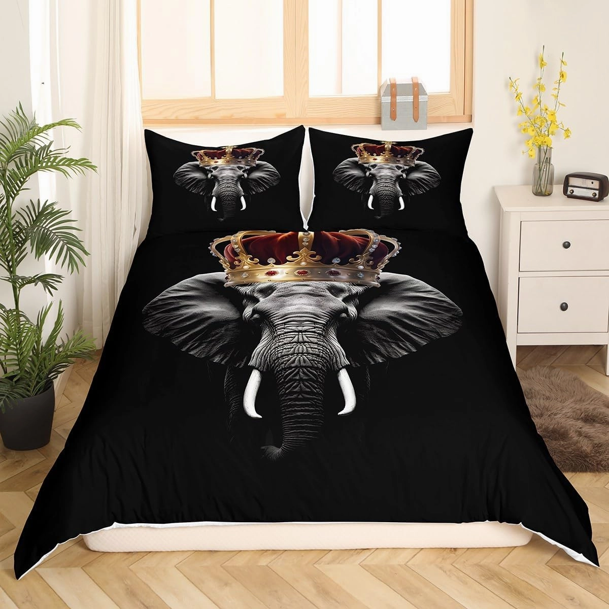 Homewish Wild Elephant Bedding Set Twin Size,Golden Crown Print 3D Wildlife Comforter Cover Set for Kids Girls,African Tropical Animal Print Black Bedding Quilt Cover Set Bedroom Decor, 2 Pcs
