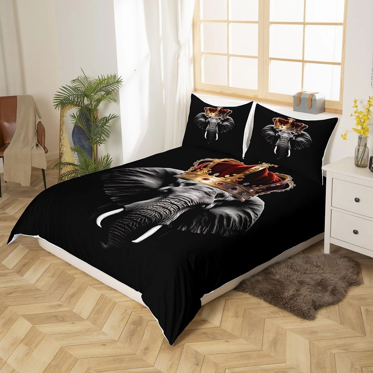 Homewish Wild Elephant Bedding Set Twin Size,Golden Crown Print 3D Wildlife Comforter Cover Set for Kids Girls,African Tropical Animal Print Black Bedding Quilt Cover Set Bedroom Decor, 2 Pcs