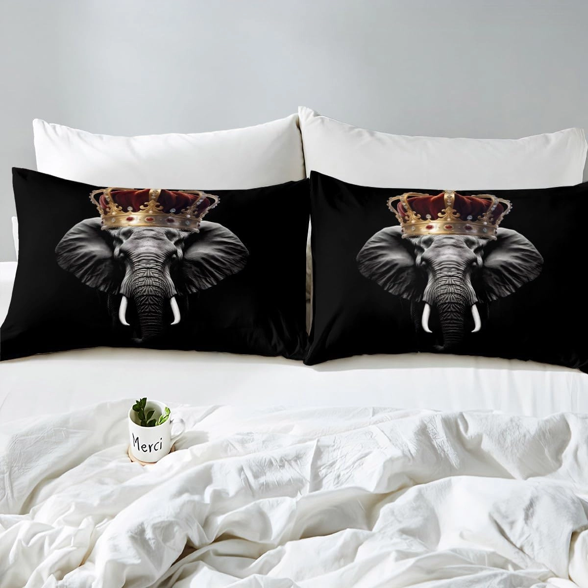 Homewish Wild Elephant Bedding Set Twin Size,Golden Crown Print 3D Wildlife Comforter Cover Set for Kids Girls,African Tropical Animal Print Black Bedding Quilt Cover Set Bedroom Decor, 2 Pcs