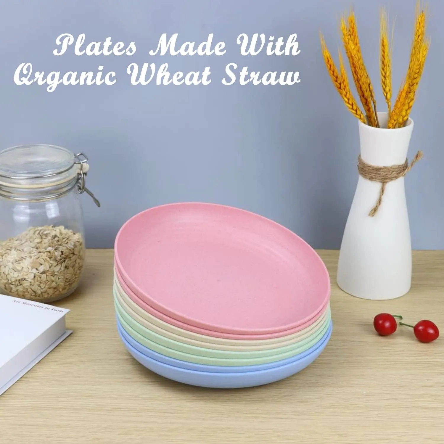 Homienly Deep Dinner Plates Set of 8 Alternative for Plastic - Microwave & Dishwasher Safe Wheat Straw Plates with 4 Colors (Fresh Light, 9 inch)