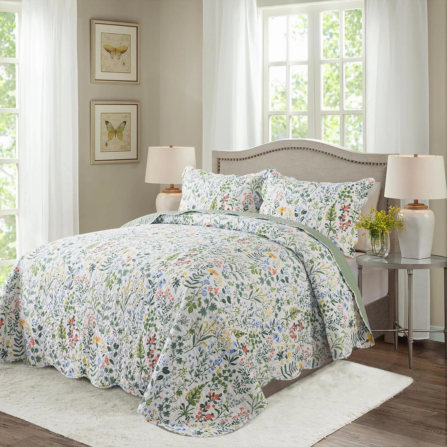 HoneiLife Floral Quilt King Size - 3 Pieces Microfiber Quilt Sets Lightweight Bedspreads Wildflower Coverlets Retro Bed Cover King Quilt Bedding Set All Season Quilts