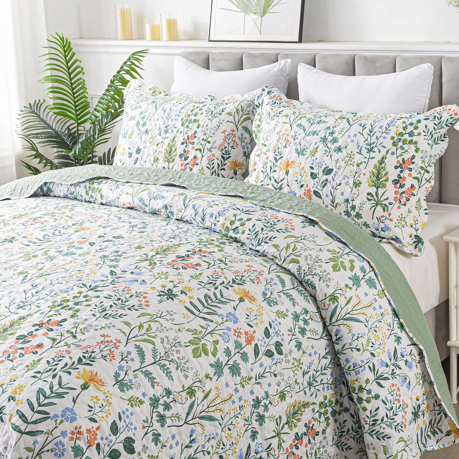 HoneiLife Floral Quilt King Size - 3 Pieces Microfiber Quilt Sets Lightweight Bedspreads Wildflower Coverlets Retro Bed Cover King Quilt Bedding Set All Season Quilts