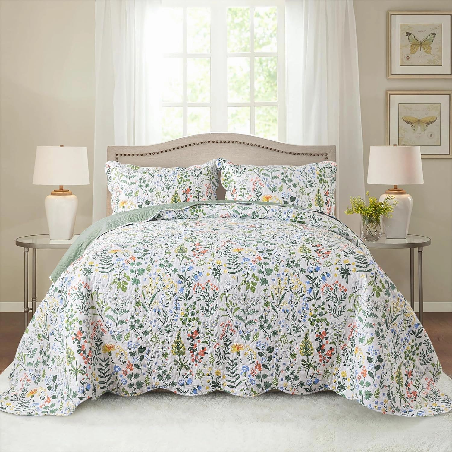 HoneiLife Floral Quilt King Size - 3 Pieces Microfiber Quilt Sets Lightweight Bedspreads Wildflower Coverlets Retro Bed Cover King Quilt Bedding Set All Season Quilts